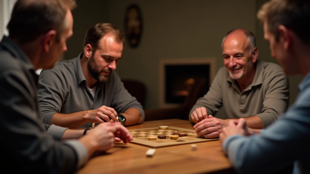 Adult board game night with friends playing strategy games around a wooden table