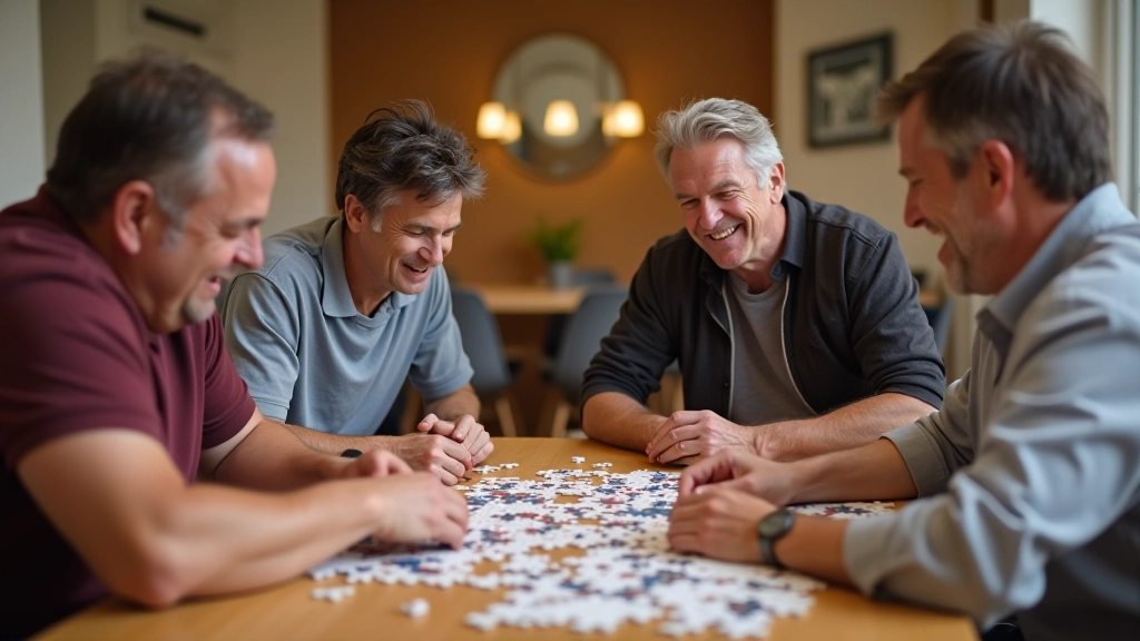Group of adults of various ages working together on a large colorful jigsaw puzzle at a wooden table with natural lighting